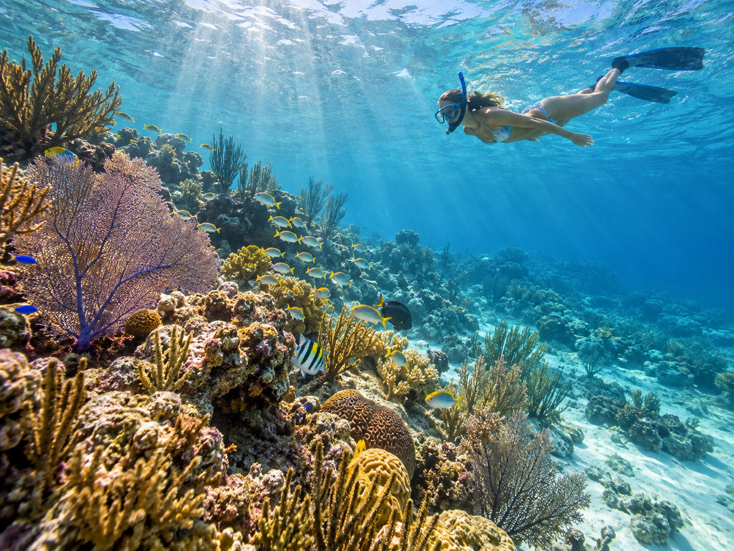Snorkeler above a colorful Caribbean reef