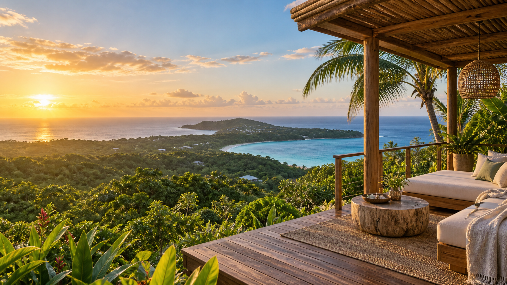 Architectural visualization of an elevated tropical cabana terrace overlooking the Caribbean